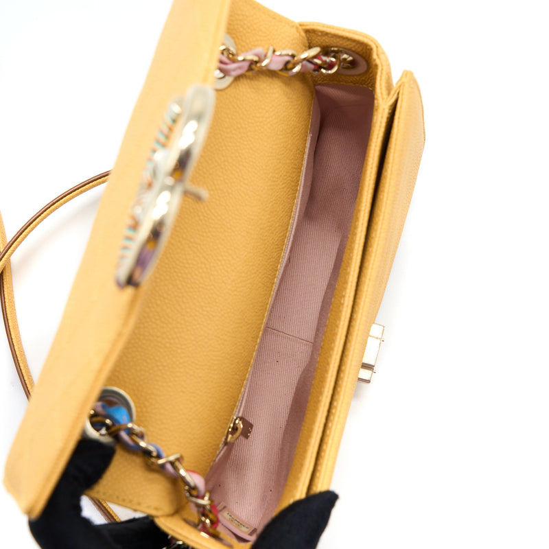 Chanel Giant CC Logo Messenger Flap Bag Caviar Yellow LGHW