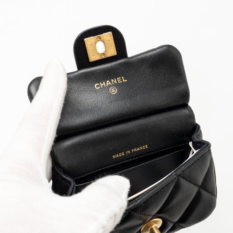 Chanel 21A top handle mini flap card holder with chain lambskin black GHW