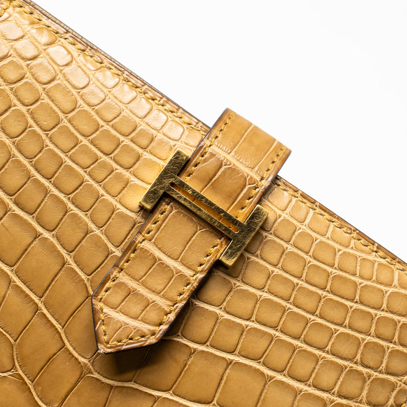 Hermes Bearn Compact Wallet Mat Alligator Mississippiensis Kraft GHW Stamp D