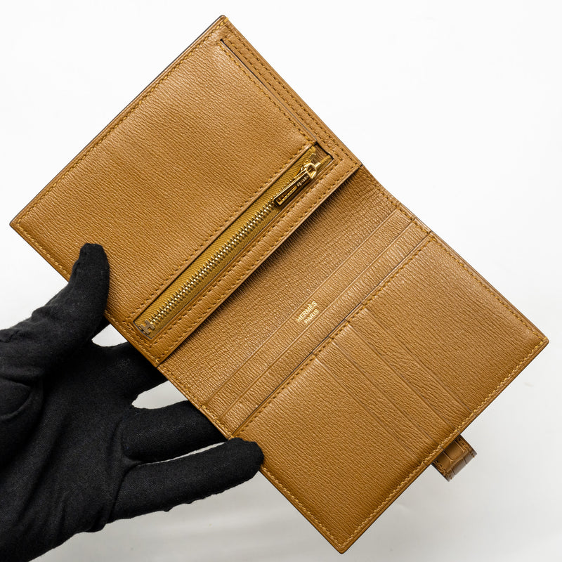 Hermes Bearn Compact Wallet Mat Alligator Mississippiensis Kraft GHW Stamp D