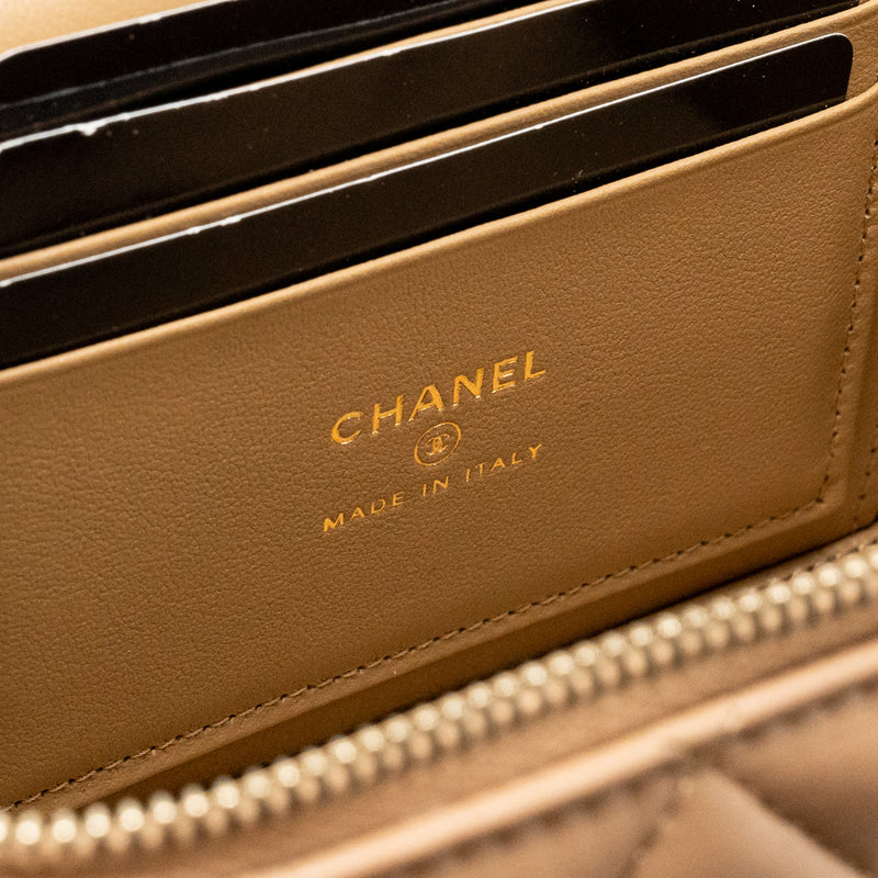 Chanel Top Handle Long Vanity with Chain Lambskin Dark Beige GHW (Microchip)
