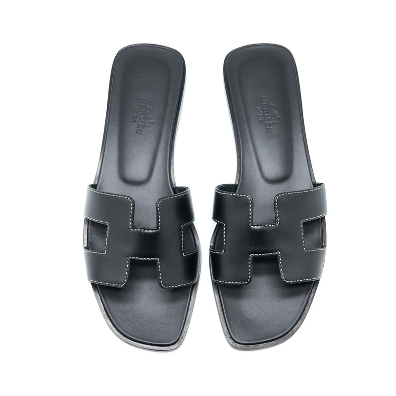 Hermes Size 37.5 Oran Sandal Calfskin Black