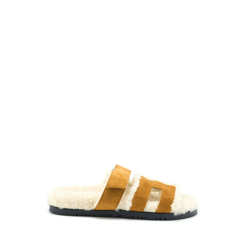 Hermes Size 37.5 Chypre Sandal Suede Goatskin/Shearling Beige Doreen/Ecru