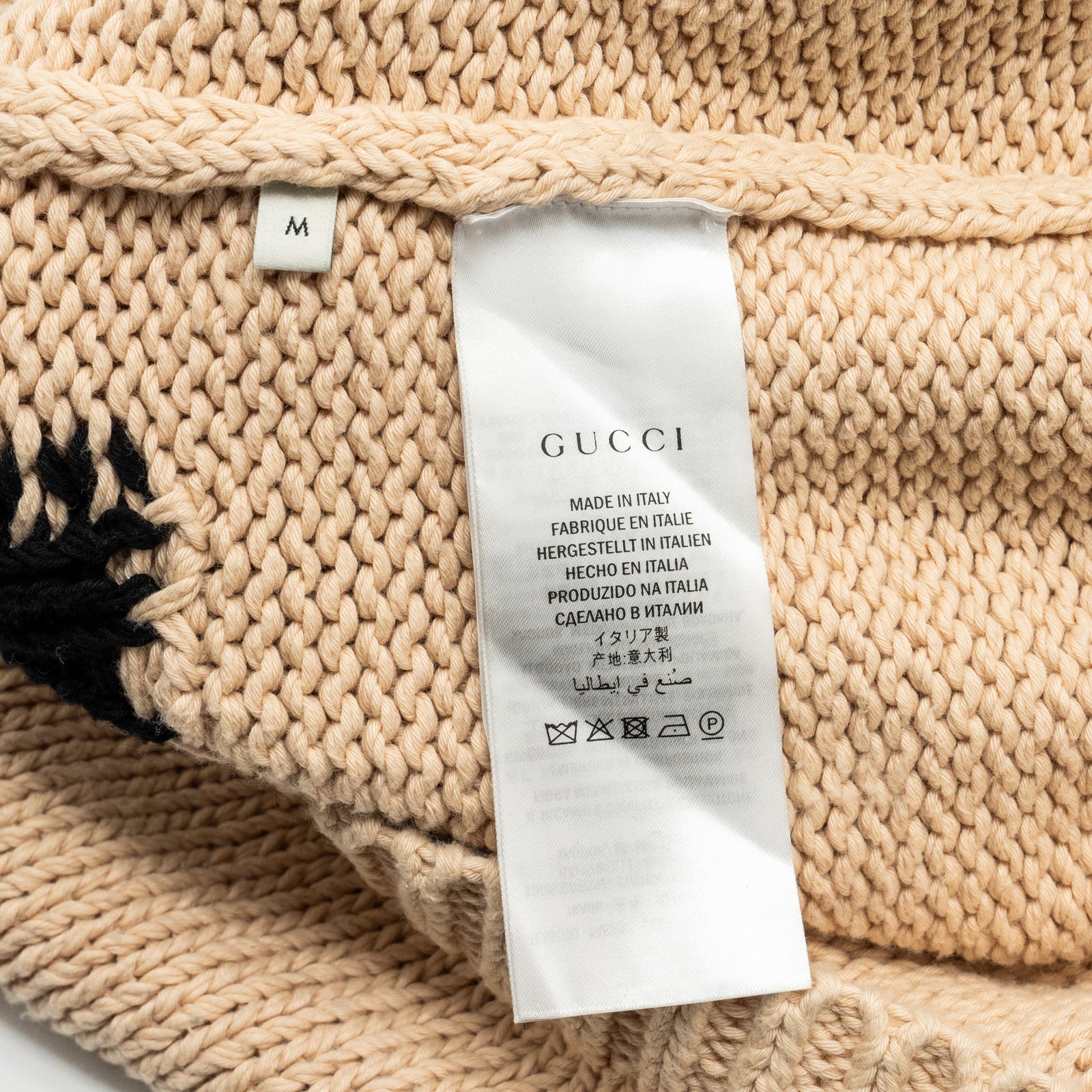 Gucci Size M Animal Magnetism Intarsia Knit Ribbed Cotton Sweater Beig