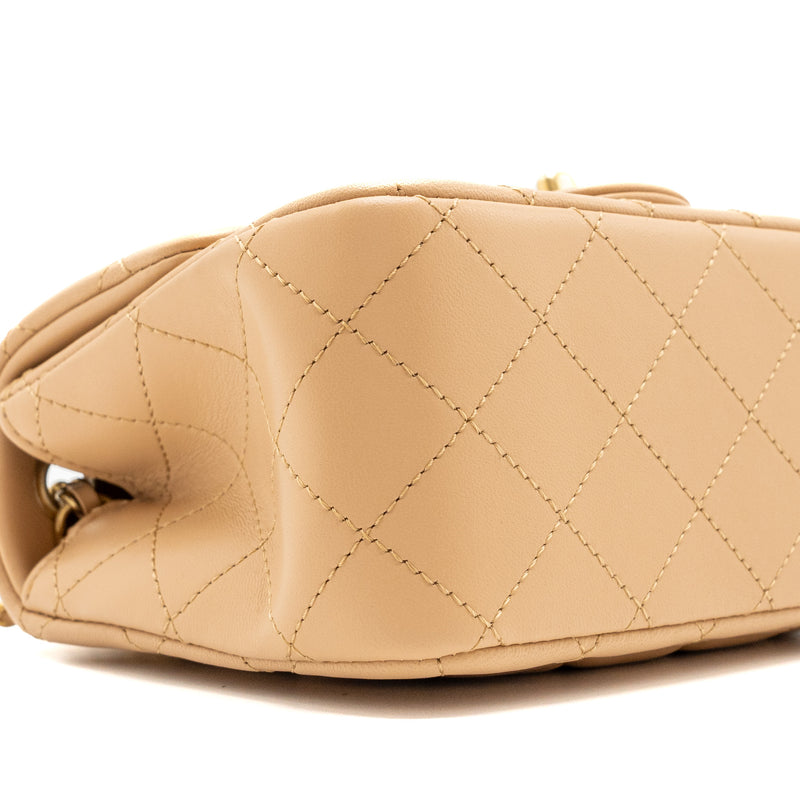 Chanel 23K Pearl Crush Mini Square Flap Bag Lambskin Beige GHW (Microchip)