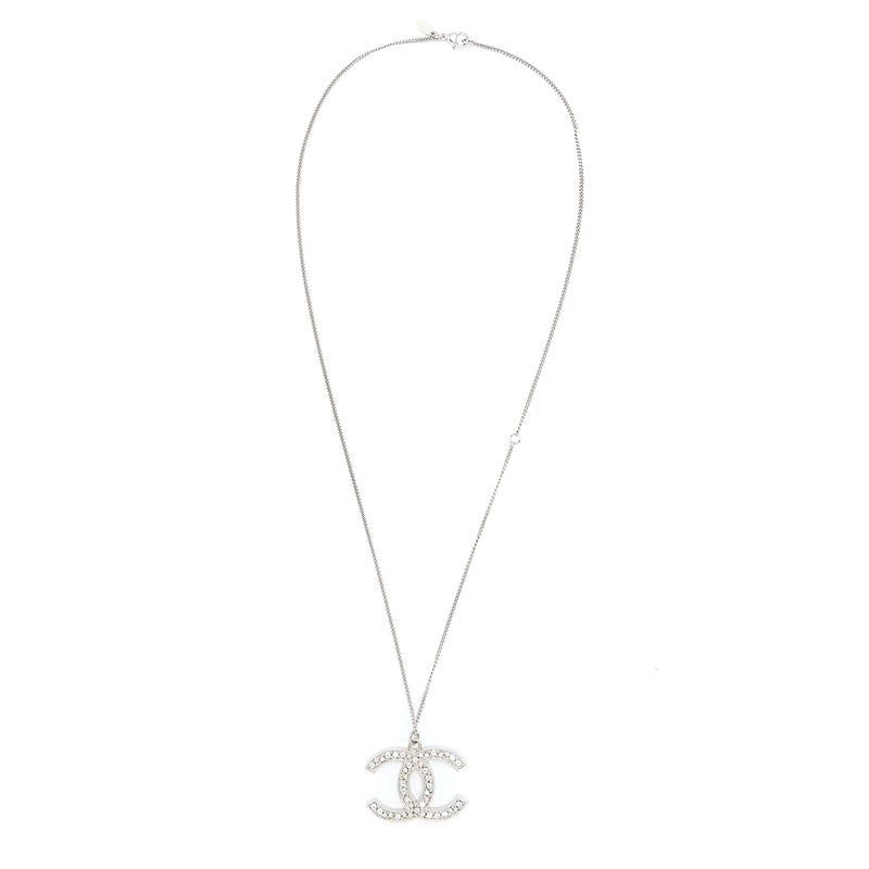 Chanel CC Logo Necklace Crystal Silver Tone