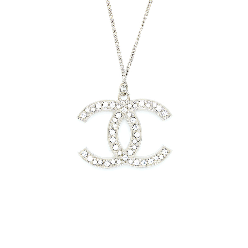Chanel CC Logo Necklace Crystal Silver Tone