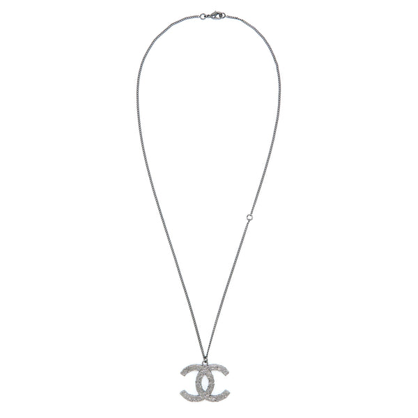 Chanel Detailed CC Logo Necklace Crystal Dark Grey Tone