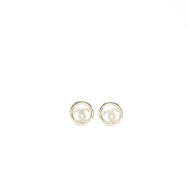 Chanel Round CC Logo Earrings Crystal Light Gold Tone