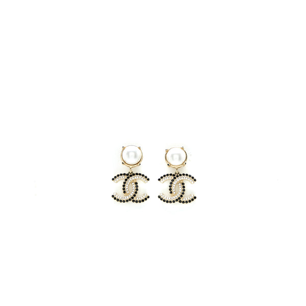 Chanel CC Logo Dropped Earrings Pearl/Crystal Light Gold Tone