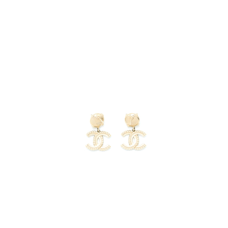 Chanel CC Logo Dropped Earrings Pearl/Crystal Light Gold Tone