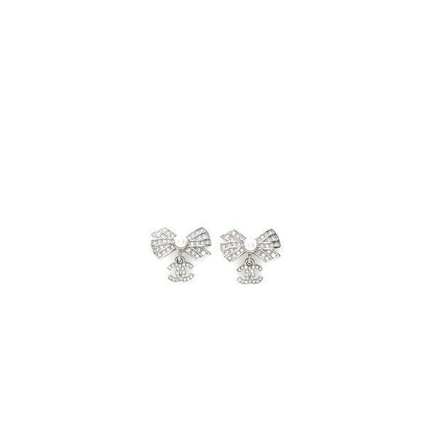 Chanel Ribbon with CC Drop Earrings Pearl/Crystal Silver Tone