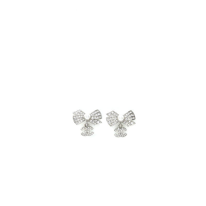 Chanel Ribbon with CC Drop Earrings Pearl/Crystal Silver Tone