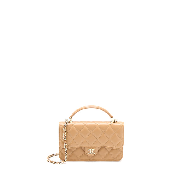 Chanel Top Handle Mini Flap Bag with Chain Lambskin Caramel LGHW (Micr