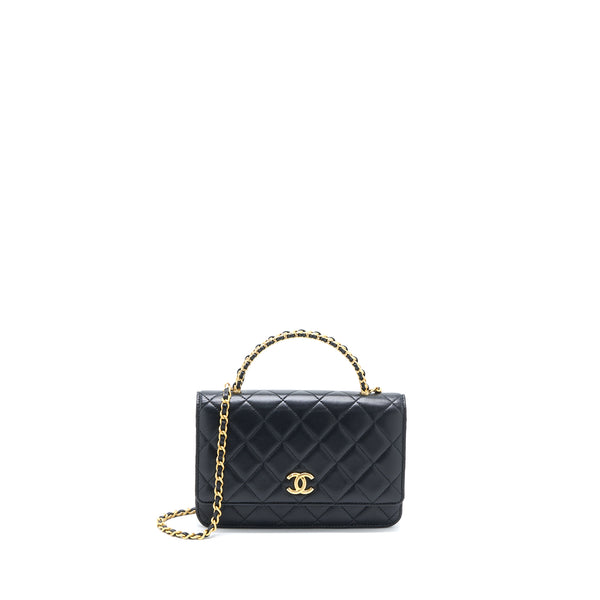 Chanel Detailed Top Handle Wallet on Chain Lambskin Black Brushed GHW (Microchip)