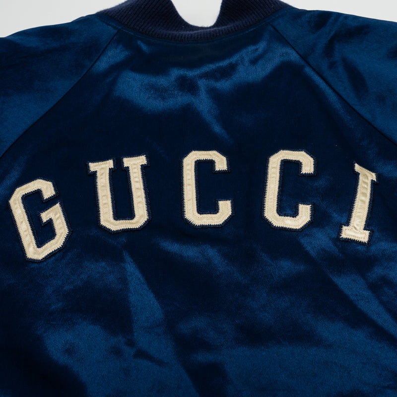 GUCCI Size 48 NY Yankees Bomber Jacket Satin Blue/White