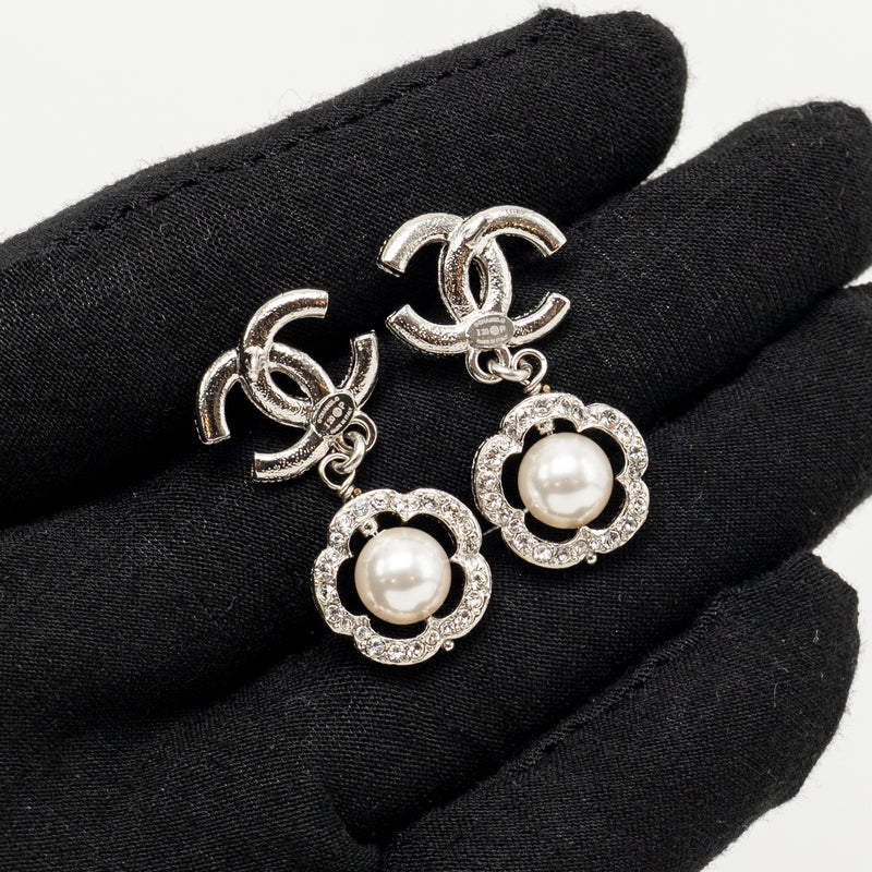 Chanel CC Flower Framed Pearl Drop Earrings Crystal Silver Tone