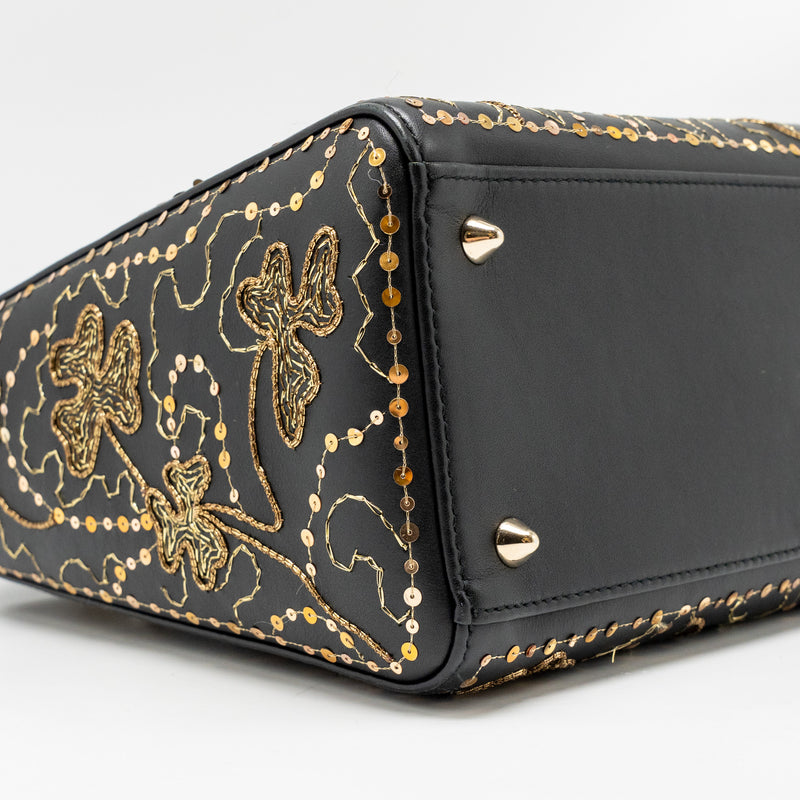 Dior Medium Lady Dior Embroidered Floral Limited Edition Leather Black/Gold GHW