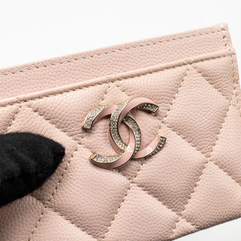 Chanel Crystal CC Logo Card Holder Caviar Pink LGHW (microchip)