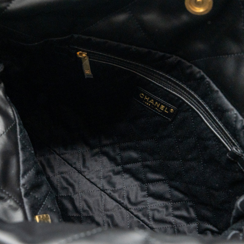Chanel small 22 bag calfskin black / white letter GHW (microchip)