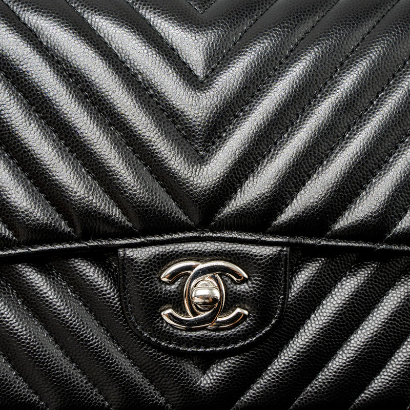 Chanel Medium Classic Double Flap Bag Chevron Caviar Black SHW