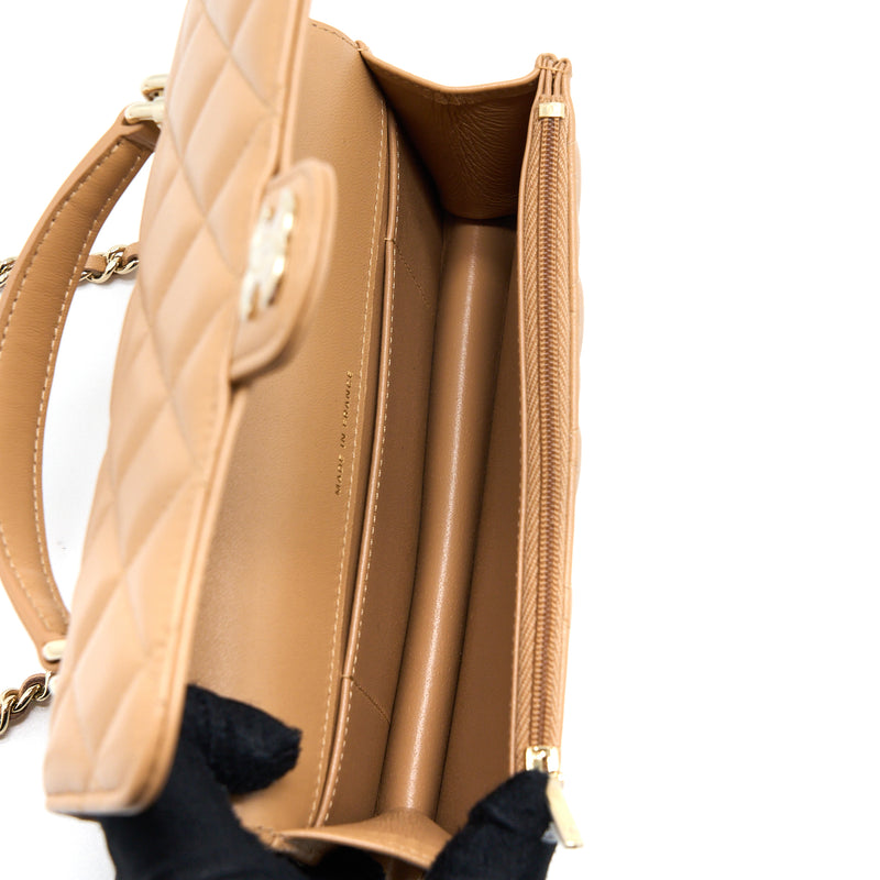 Chanel Top Handle Mini Flap Bag with Chain Lambskin Caramel LGHW (Microchip)