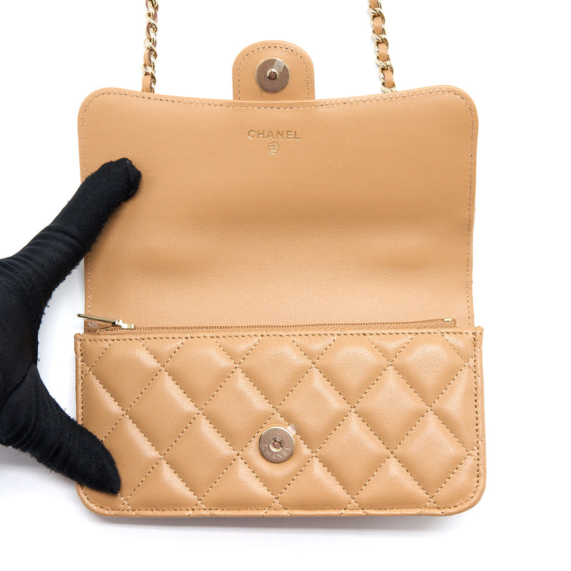 Chanel Top Handle Mini Flap Bag with Chain Lambskin Caramel LGHW (Microchip)