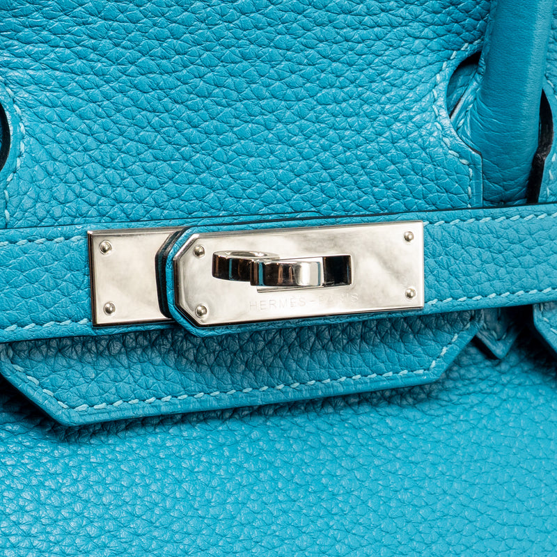 Hermes Birkin 30 Clemence Blue Paon SHW Stamp Square R