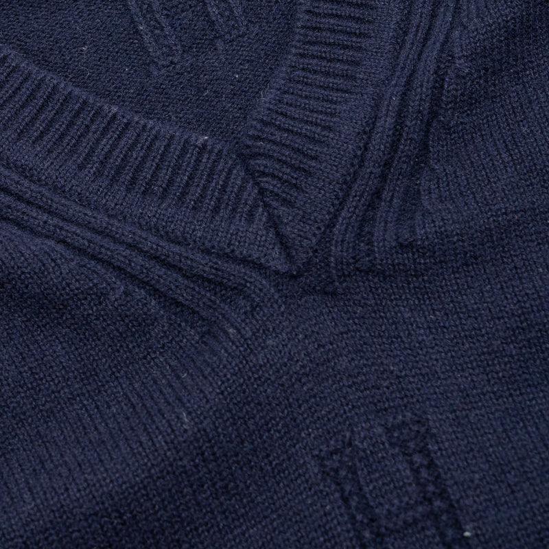 Hermes Size 38 H logo Maile Voyage V-neck Knitwear Virgin Wool Bleu Noir