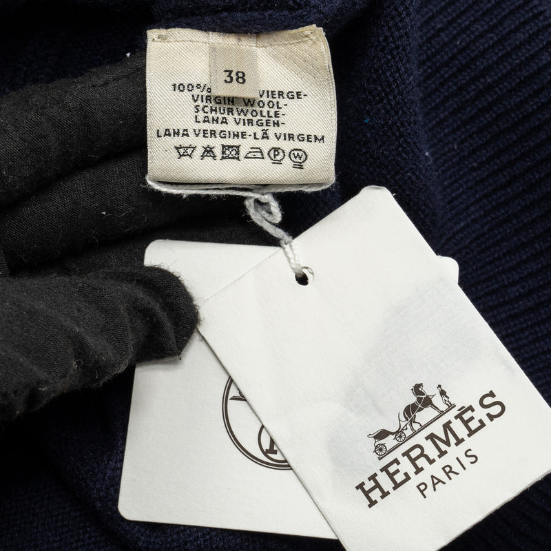 Hermes Size 38 H logo Maile Voyage V-neck Knitwear Virgin Wool Bleu Noir