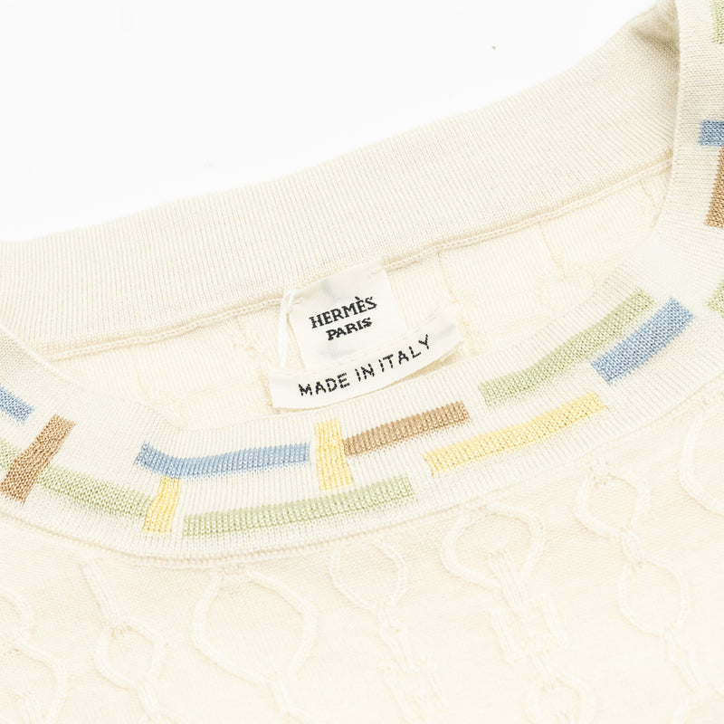 Hermes Size 38 Maile Torsades Top Cashmere/Silk White/Multicolour