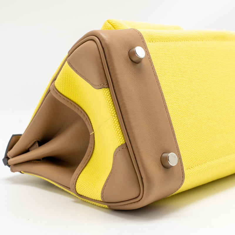 Hermes Birkin 25 Cargo Toile Goeland / Swift Jaune Citron / Chai SHW Stamp U