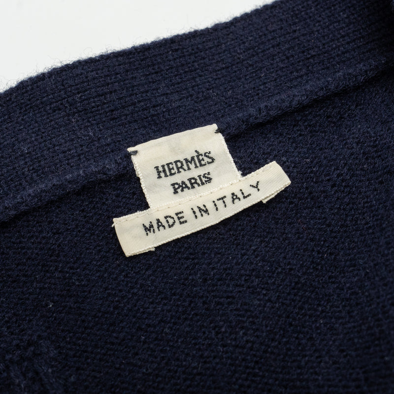 Hermes Size 40 Maile Voyage H logo Classic Knit Cardigan Virgin Wool Bleu Noir