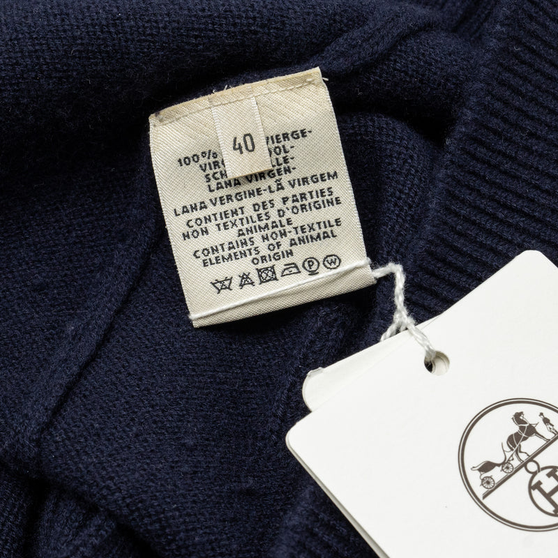 Hermes Size 40 Maile Voyage H logo Classic Knit Cardigan Virgin Wool Bleu Noir