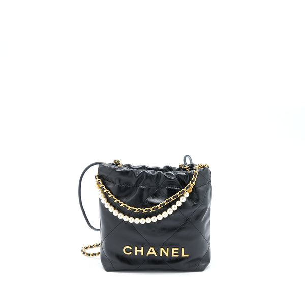 Chanel 23S Mini 22 Bag With Pearl Shiny Calfskin Black Brushed GHW (Microchip)