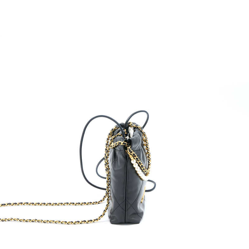 Chanel 23S Mini 22 Bag With Pearl Shiny Calfskin Black Brushed GHW (Microchip)