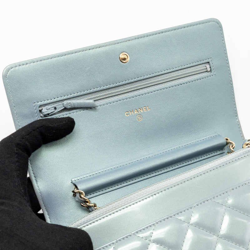 Chanel Boy Wallet on Chain Patent Calfskin Iridescent Light Blue LGHW