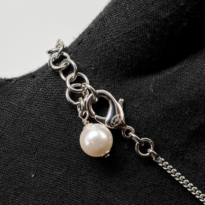 Chanel Crystal Heart Shape/Pearl Long Necklace Silver Tone