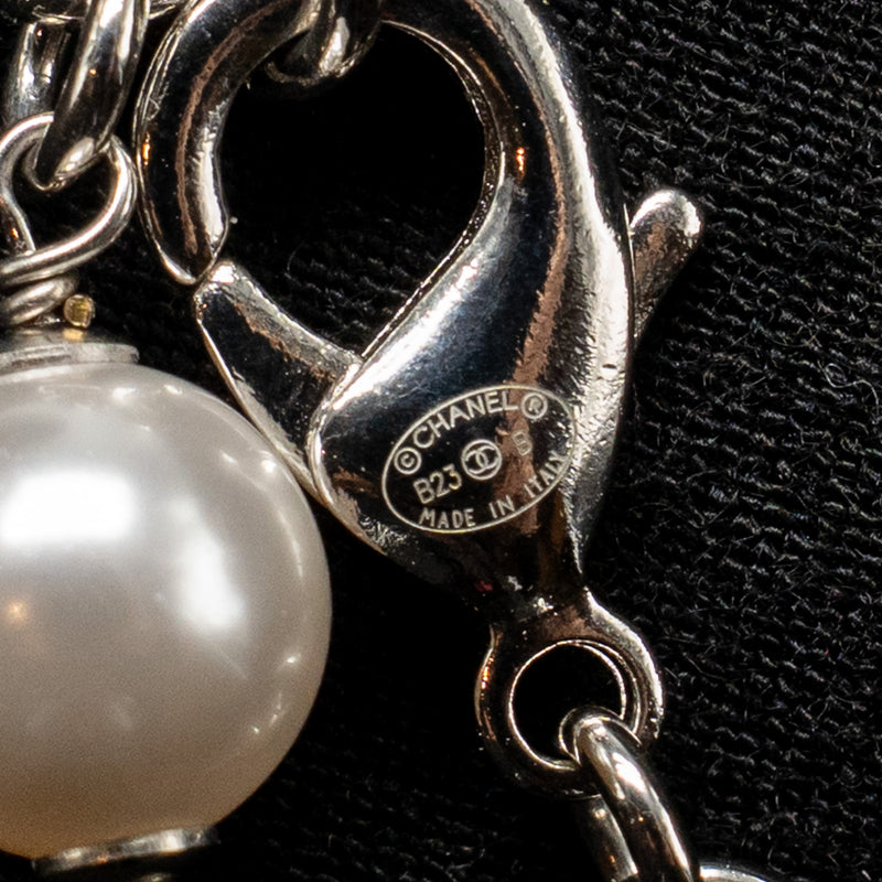 Chanel Crystal Heart Shape/Pearl Long Necklace Silver Tone