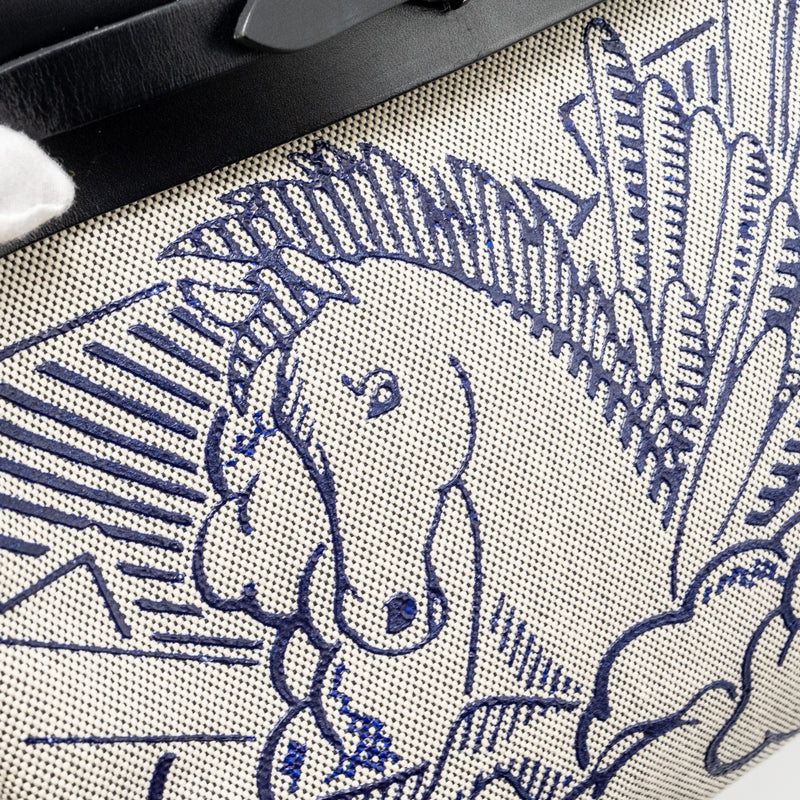 Hermes Herbag 31 Zip Bag Canvas/Hunter Blue Indigo/Ecru-Noir/Noir SHW Stamp D