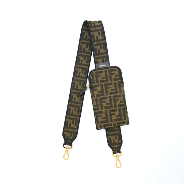 Fendi Bag Strap with Phone Pouch FF Jacquard Canvas Brown GHW