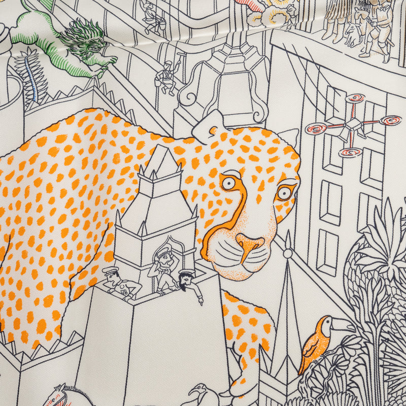 Hermes 90cm Silk Scarf Animapolis White / Multicolour