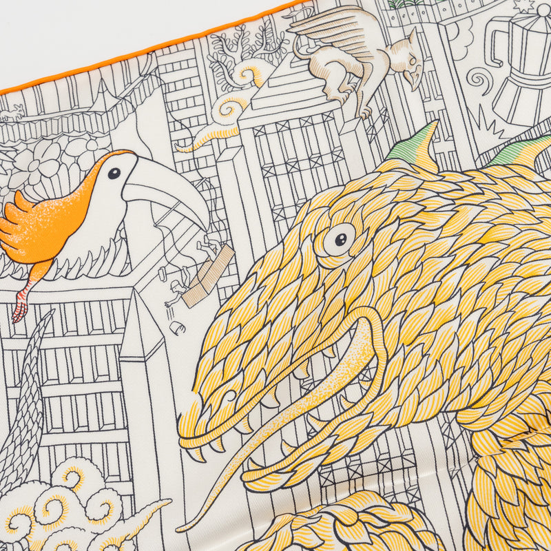 Hermes 90cm Silk Scarf Animapolis White / Multicolour