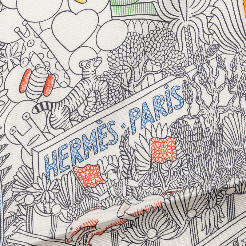 Hermes 90cm Silk Scarf Animapolis White / Multicolour