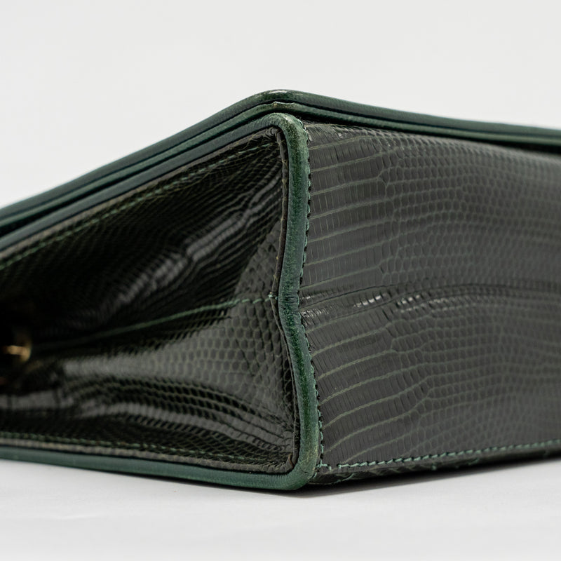 Chanel Vintage Envelop Flap Bag With Chain Lizard Dark Green GHW