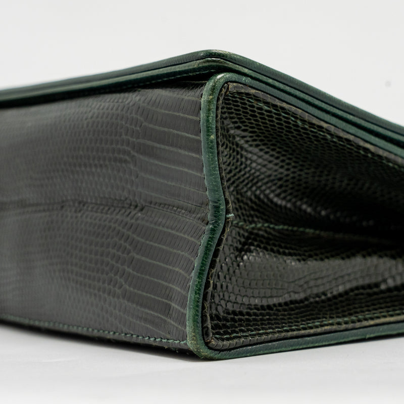 Chanel Vintage Envelop Flap Bag With Chain Lizard Dark Green GHW