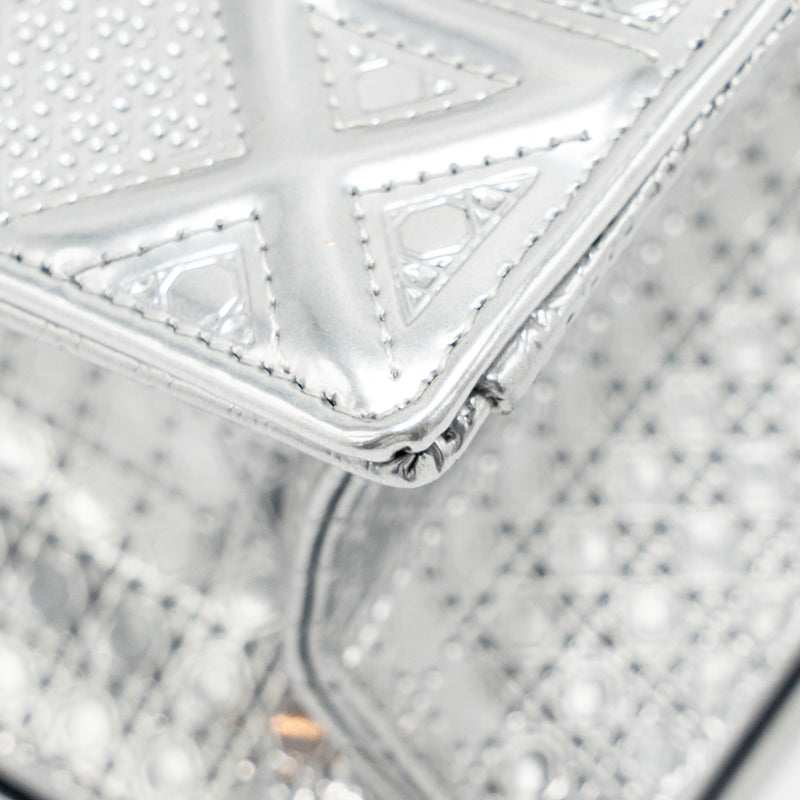 Dior Diorama Flap Bag Patent Micro-Cannage Leather Metallic Silver SHW
