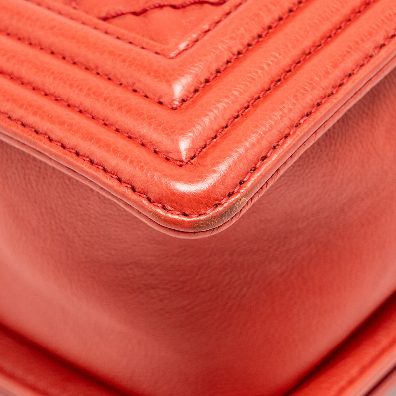 Chanel Quilted Medium Boy Bag Calfskin Red Ruthenium Silver Hardware
