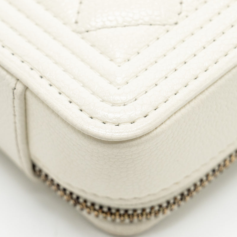 Chanel Boy Chain Clutch Caviar White GHW (Microchip)