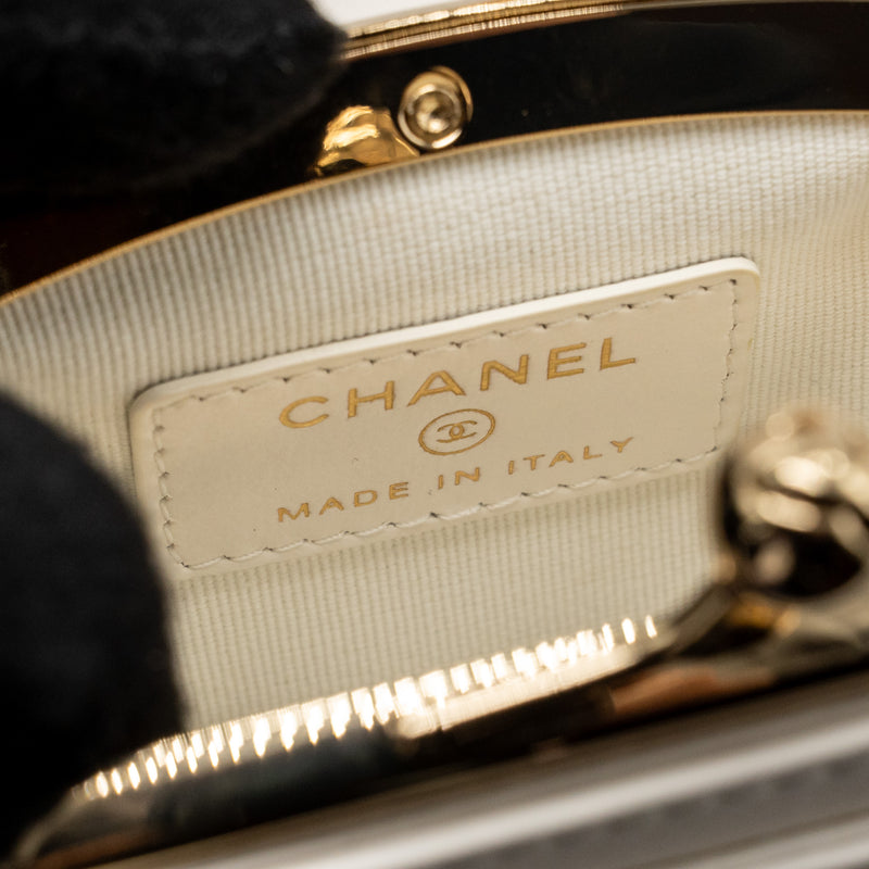 Chanel top handle flap kiss lock mini clutch with chain lambskin white LGHW (microchip)
